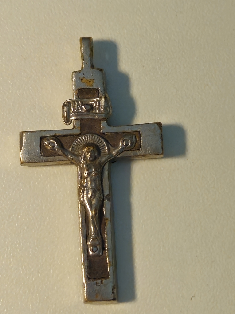 Two-Tone Silver and Bronze Crucifix Pendant Necklace